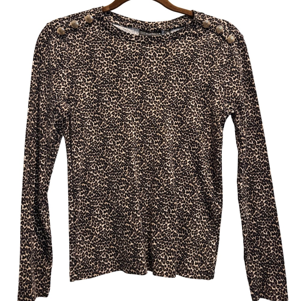 Rafaella Leopard Print Top Womens XS Brown Gold Shoulder Button Long Sleeve